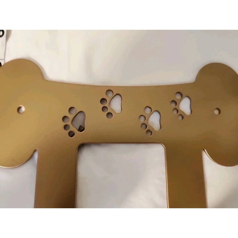 Dog Lovers Leash Rack Bone Shape with Puppy Paws Gold‎ Metal 2 Hooks 7